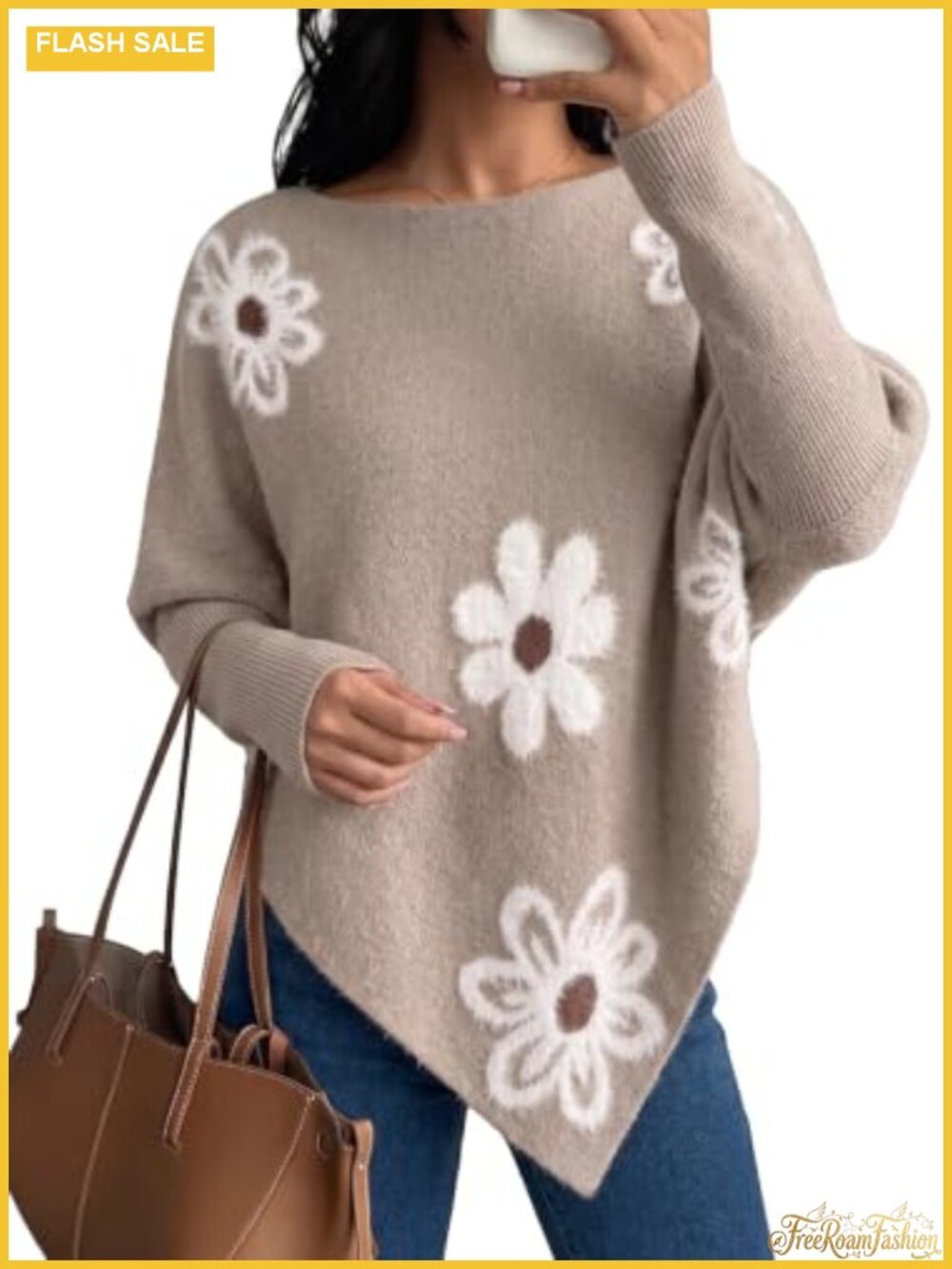 Poncho Knit Pullover Batwing Sleeve Boat Neck Floral Sweater